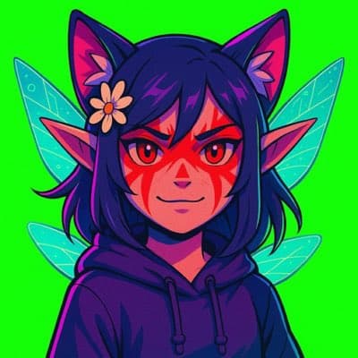 A digital illustration of a stylized character with dark hair, cat ears, pointed elf ears, and fairy wings, wearing a purple hoodie against a bright green background. The character has red markings on their face and a small flower in their hair. This appears to be a profile picture or avatar.