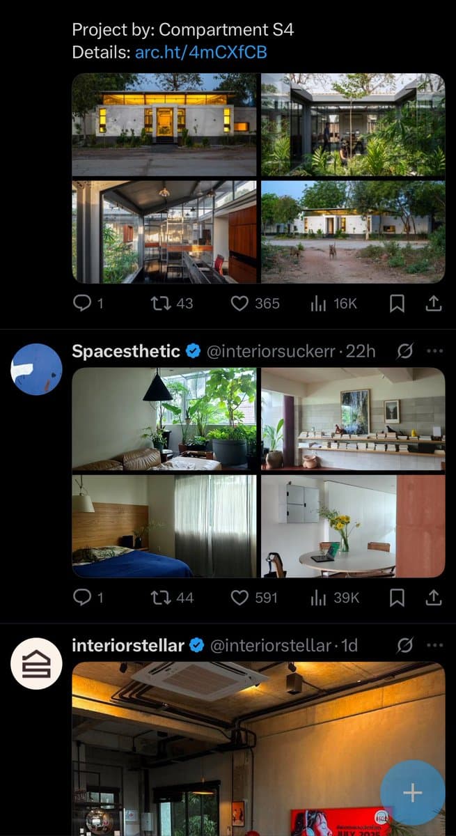 A screenshot of a Twitter feed displaying a series of posts about architecture and interior design. The visible posts are from accounts named 'Spacesthetic' and 'interiorstellar', each featuring a four-panel photo grid of modern homes and interiors.