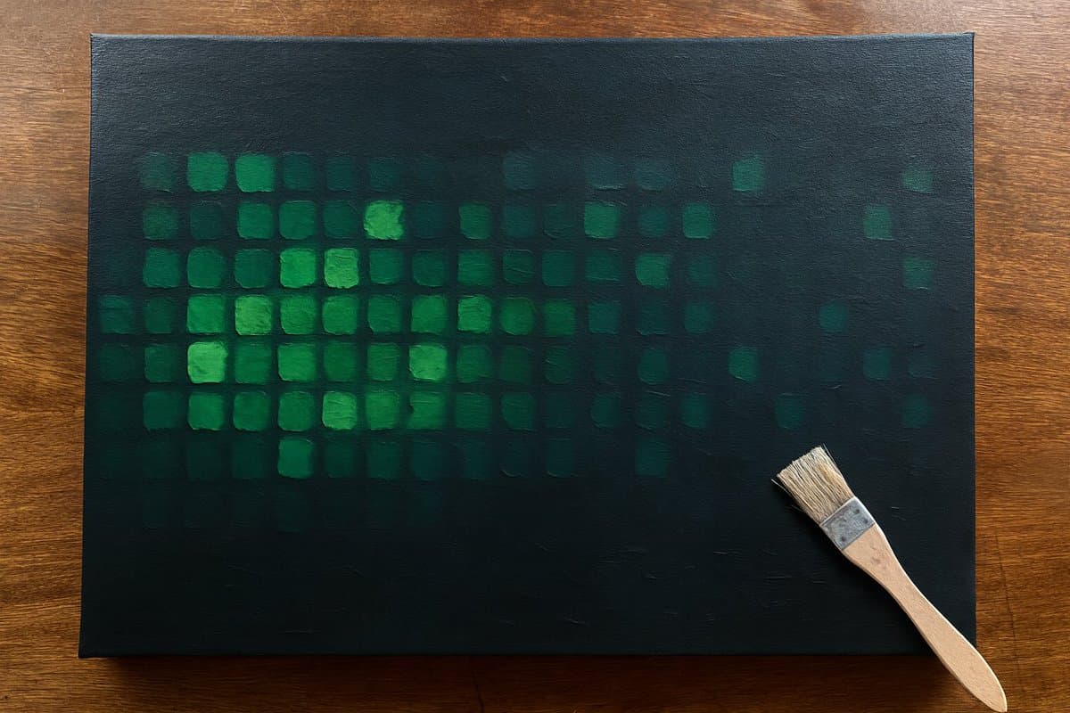 A photograph of a black canvas painting depicting a grid of green squares that fade in intensity, resembling a digital screen or terminal, with a paintbrush resting on the bottom right corner.