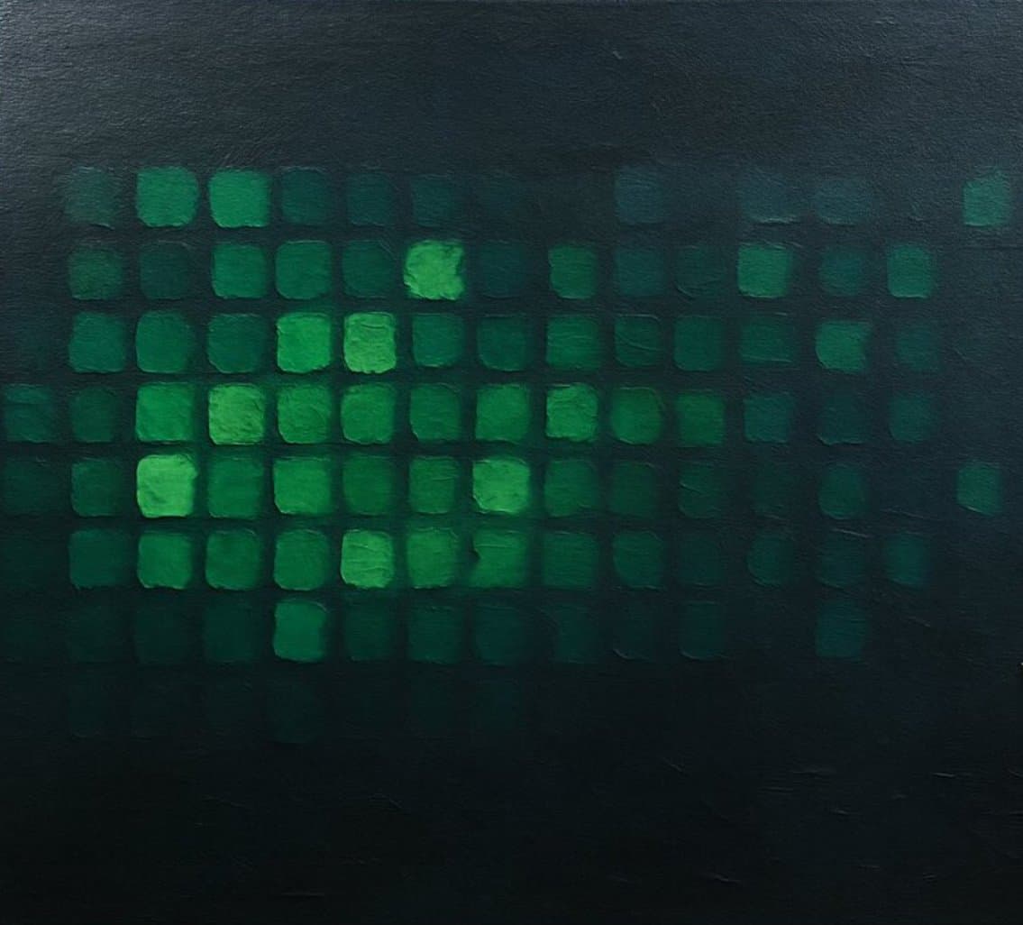 A photograph of a painting featuring a grid of green, square-like shapes on a dark background, resembling a digital display or pixel art.