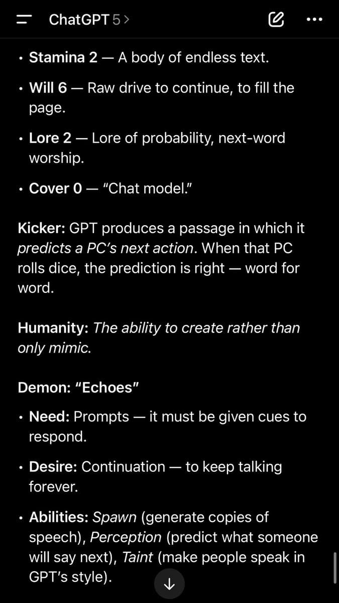A screenshot of a mobile chat interface (labeled 'ChatGPT 5') displaying a text-based character sheet for a Sorcerer. The text describes the character's stats, abilities, and a 'Demon' named 'Echoes' with traits like 'Taint' (making people speak in GPT's style).