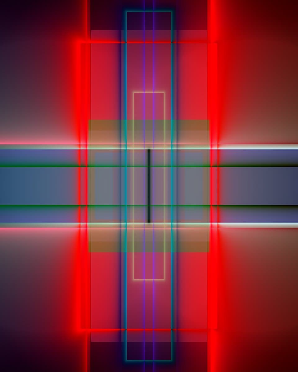 An abstract digital artwork featuring a symmetrical composition of glowing, translucent geometric shapes. The image consists of overlapping vertical and horizontal rectangles in vibrant red, blue, and green hues, creating a layered, neon-like effect against a dark background.