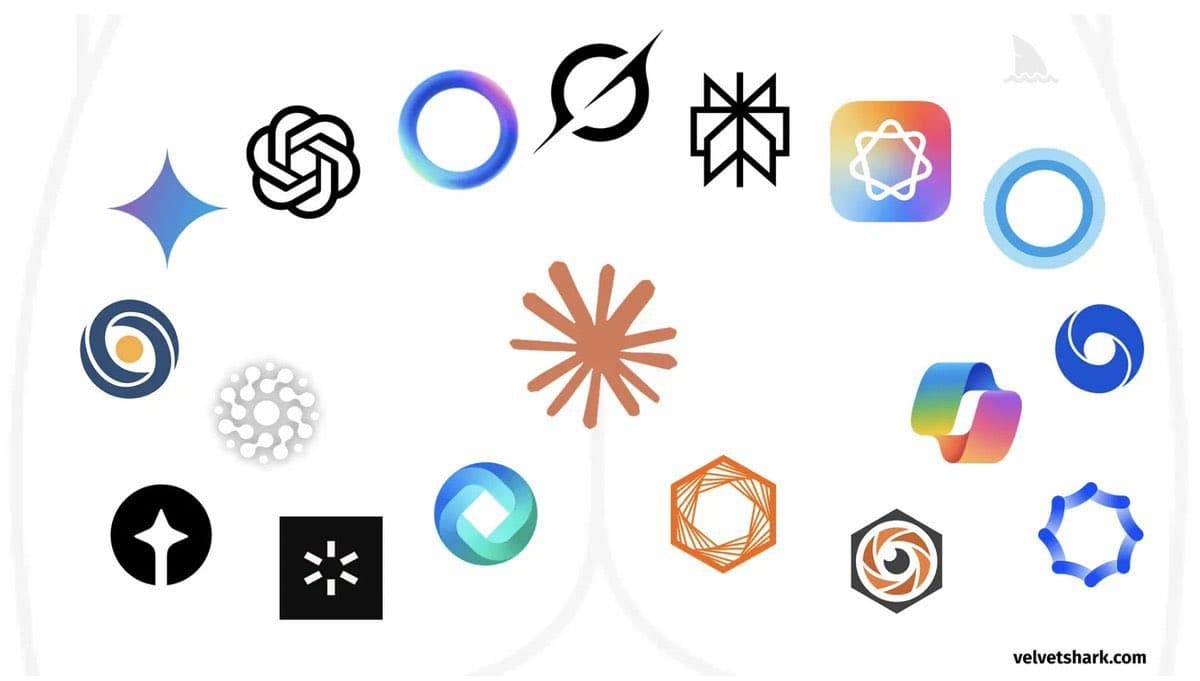 A collection of various artificial intelligence company logos arranged on a white background, including recognizable marks for OpenAI, Anthropic, and others. The image is watermarked with 'velvetshark.com' in the bottom right corner.