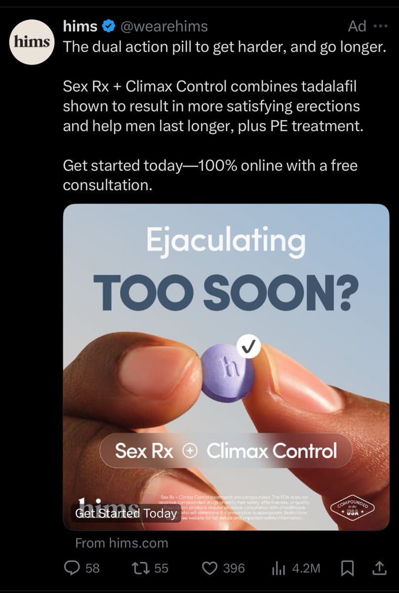 A screenshot of a Twitter ad from the account @wearehims promoting a medication called 'Sex Rx + Climax Control.' The ad features a close-up of a hand holding a purple pill against a blue background, with the text 'Ejaculating TOO SOON?' overlaid.