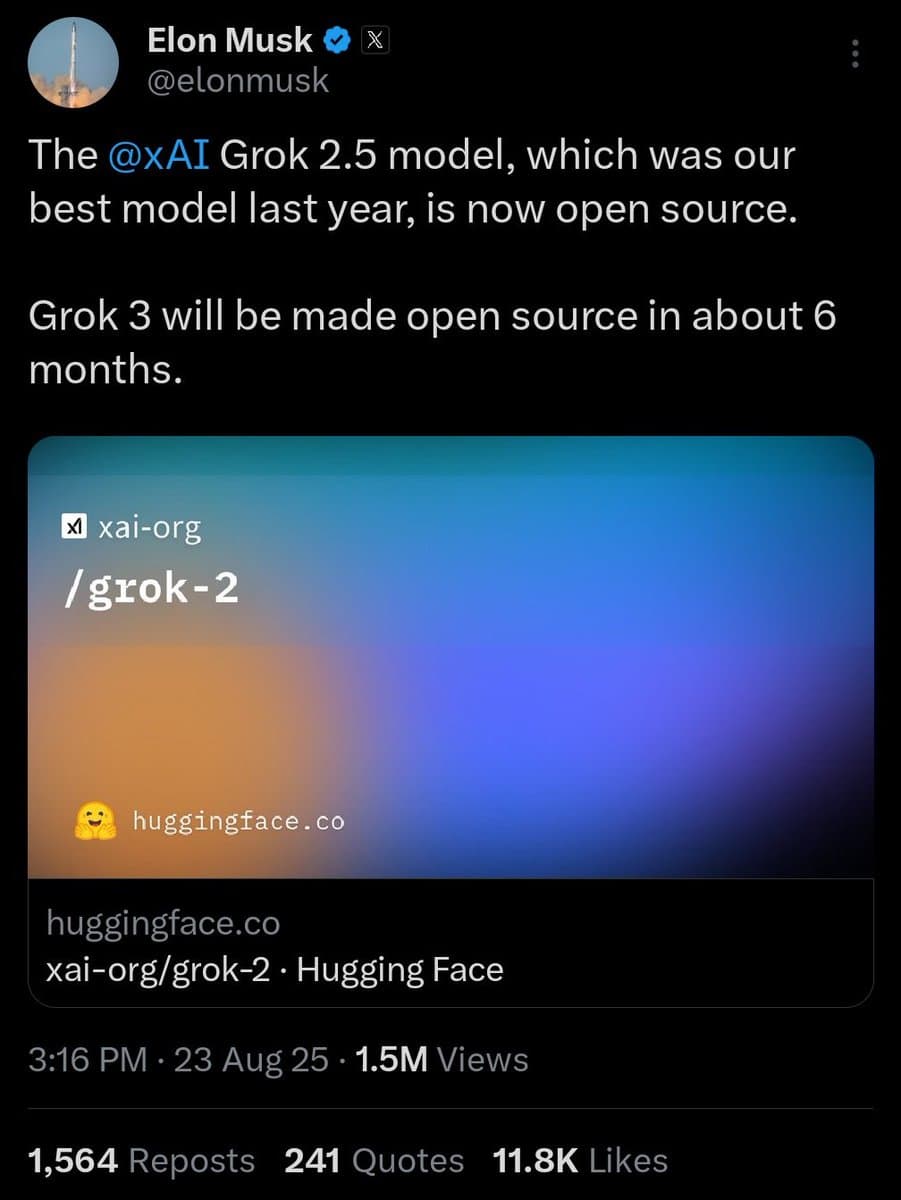 A screenshot of a tweet from Elon Musk (@elonmusk) announcing that the xAI Grok 2.5 model is now open source and that Grok 3 will be open-sourced in about six months. The tweet includes a link preview card for the 'xai-org/grok-2' model on Hugging Face.