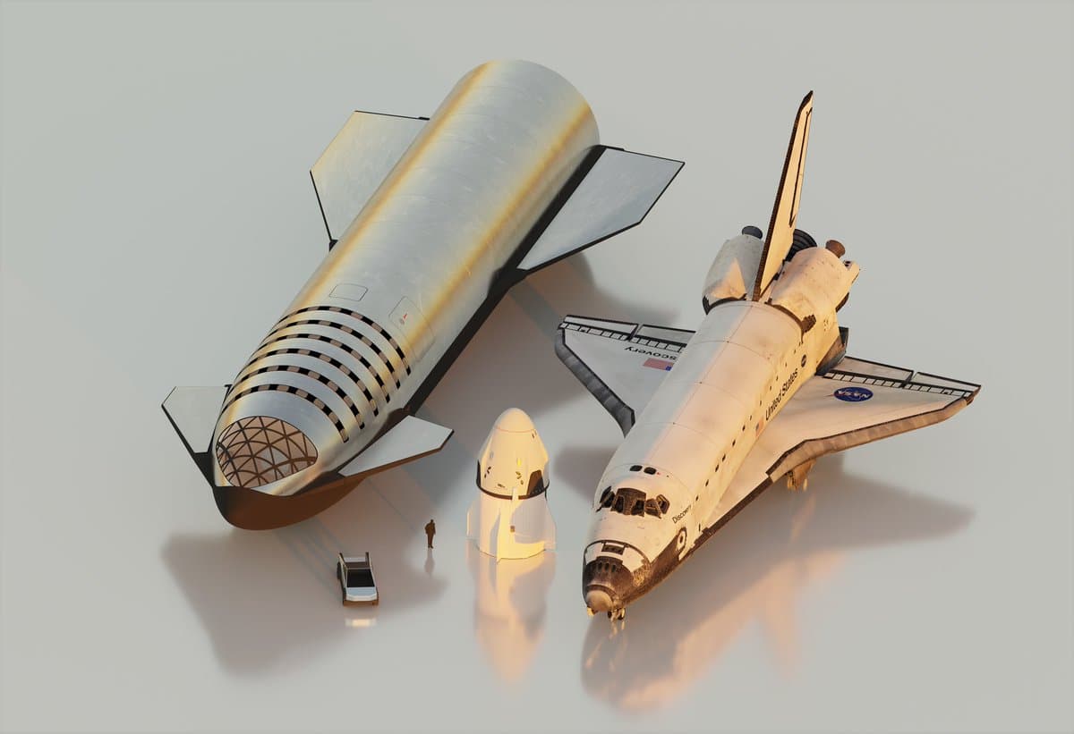 A 3D rendering comparing the relative sizes of a large, cylindrical spacecraft with fins, a smaller crew capsule, and a NASA Space Shuttle orbiter, with a human figure and a car included for scale. The image is set against a plain, light gray background.