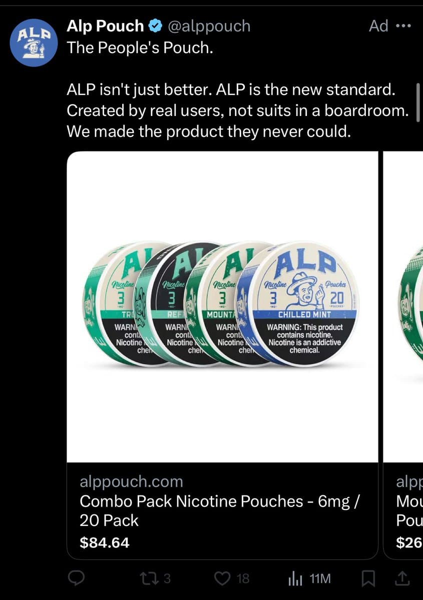 A screenshot of a Twitter ad from the account 'Alp Pouch' (@alppouch) promoting their nicotine pouch products. The ad features a photo of four round tins labeled 'ALP Nicotine Pouches' in different flavors, with a product link and price below.
