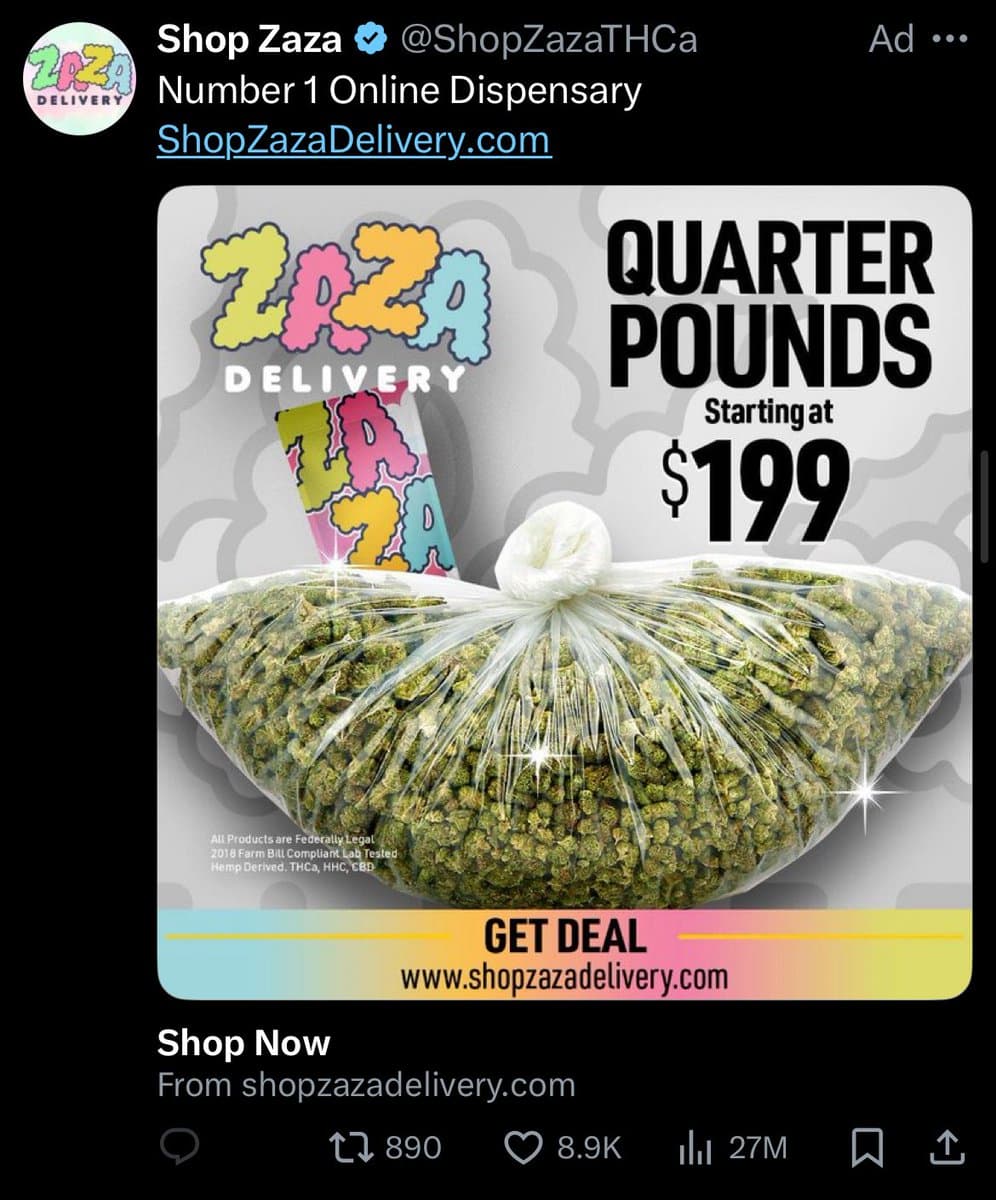 A screenshot of a Twitter ad from the account @ShopZazaTHCa, featuring a promotional graphic for a cannabis delivery service. The graphic displays a large bag of green plant buds with the text 'QUARTER POUNDS Starting at $199' and the Shop Zaza Delivery logo.