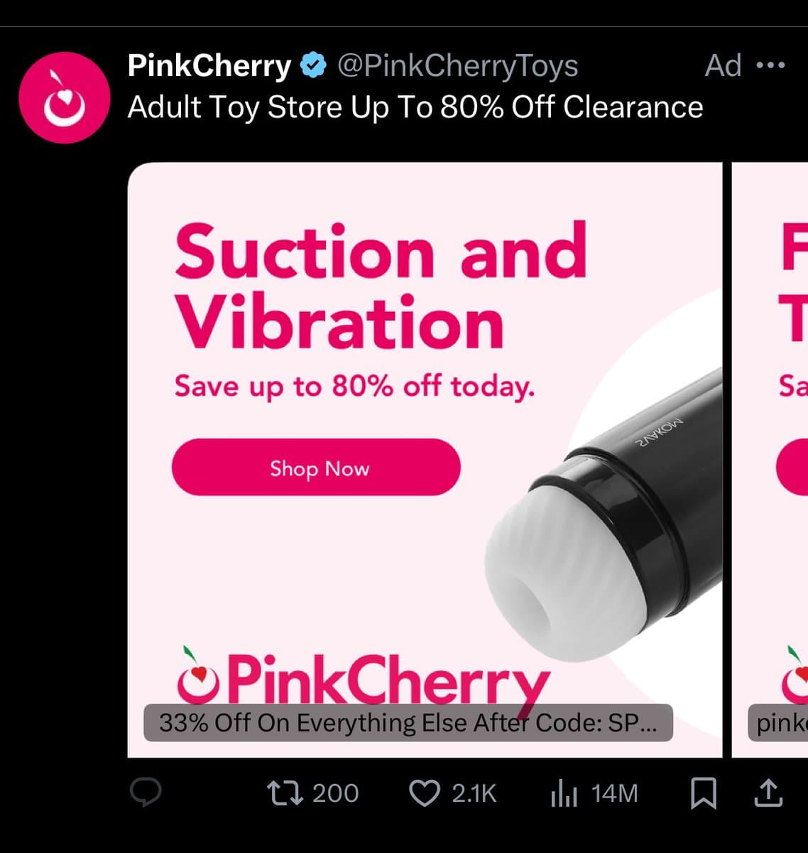 A screenshot of a Twitter ad from the verified account @PinkCherryToys, featuring a promotional image for an adult toy store. The ad displays a black and white suction and vibration device with text advertising a sale.