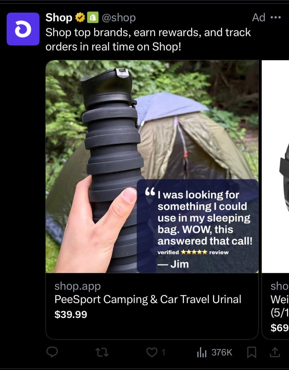 A screenshot of a Twitter ad from the account @shop, featuring a product called the 'PeeSport Camping & Car Travel Urinal'. The ad image shows a hand holding a black, collapsible urinal in front of a tent, with a customer review overlay. The post is labeled as an 'Ad' at the top right.