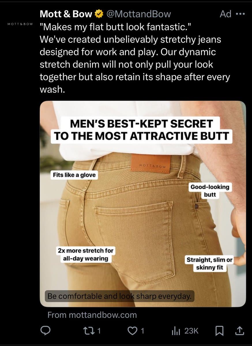 A screenshot of a Twitter advertisement from the brand Mott & Bow, featuring a photo of a person's backside in tan jeans with text overlays highlighting the product's features. The ad copy above the image describes the jeans as stretchy and designed for work and play.