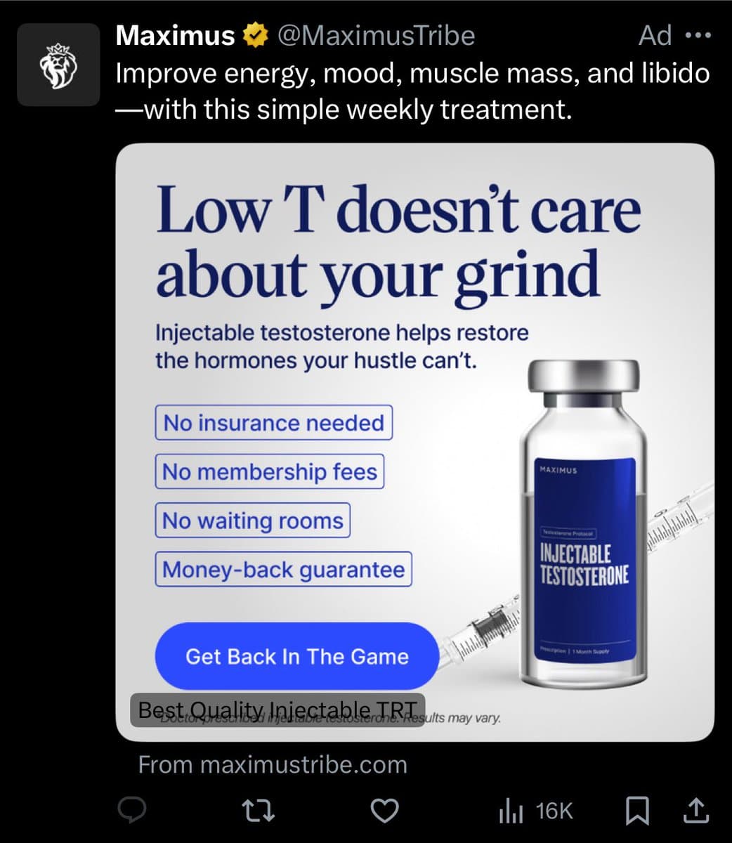 A screenshot of a Twitter ad from the account @MaximusTribe promoting an injectable testosterone product. The ad features a vial and syringe with text highlighting benefits like improved energy and muscle mass, alongside a call to action to 'Get Back In The Game.'
