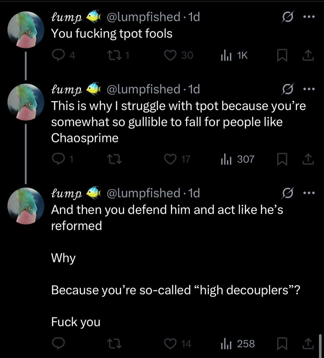 A screenshot of a Twitter thread showing three consecutive posts from the user @lumpfished. The posts contain a series of critical and profane messages directed at the user's followers regarding their support of another user named Chaosprime.