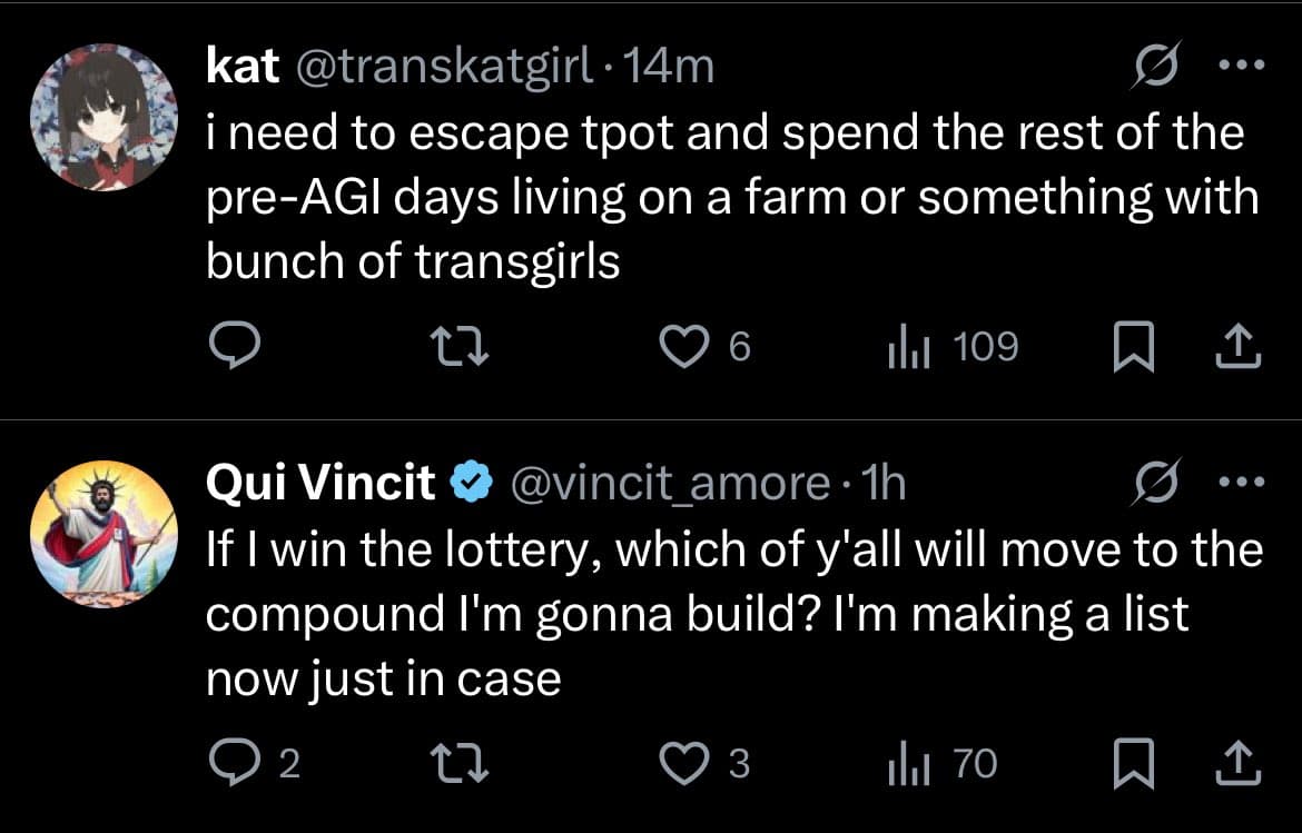 A screenshot of a Twitter conversation between two users. The first user, 'kat', expresses a desire to escape and live on a farm with other trans women. The second user, 'Qui Vincit', replies with a humorous offer to build a compound if they win the lottery.