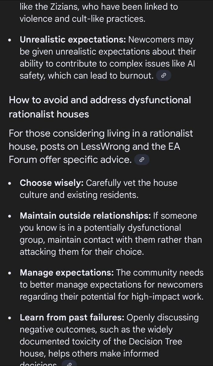 A screenshot of a text-based article or social media post discussing dysfunctional rationalist houses. The text provides advice on how to avoid and address issues within these communities, including managing expectations and learning from past failures.