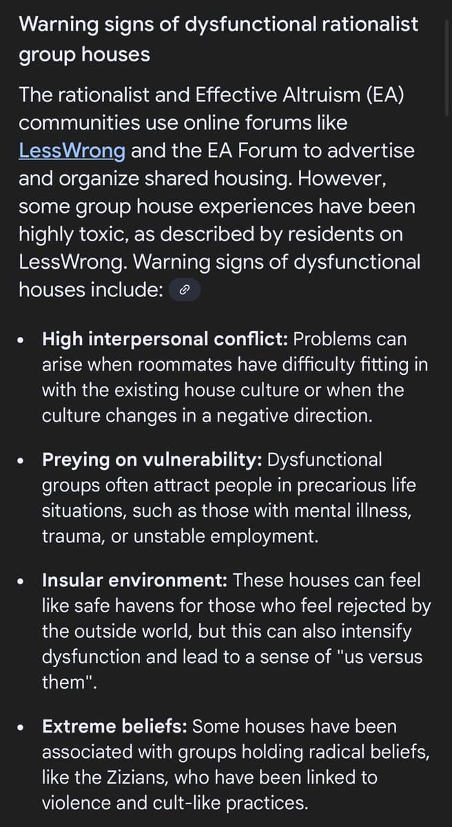 A screenshot of a text post titled "Warning signs of dysfunctional rationalist group houses." The post lists four bullet points describing negative aspects of shared housing within the rationalist and Effective Altruism communities, including interpersonal conflict, preying on vulnerability, insular environments, and extreme beliefs.