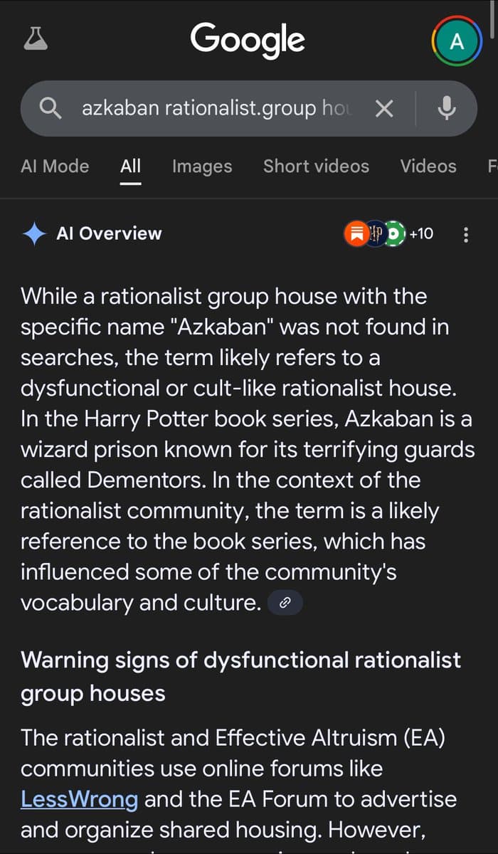A screenshot of a Google search results page in dark mode, showing an AI Overview for the query "azkaban rationalist.group house". The AI text explains that "Azkaban" is not a specific group house name but a reference to the Harry Potter prison, used as a metaphor for a dysfunctional or cult-like rationalist house.