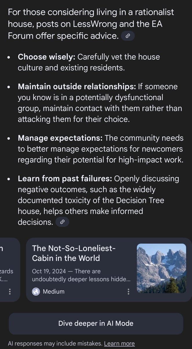 A screenshot of a mobile app displaying a list of advice for people considering living in a rationalist house, followed by a link preview card for an article. The text is white on a dark background.