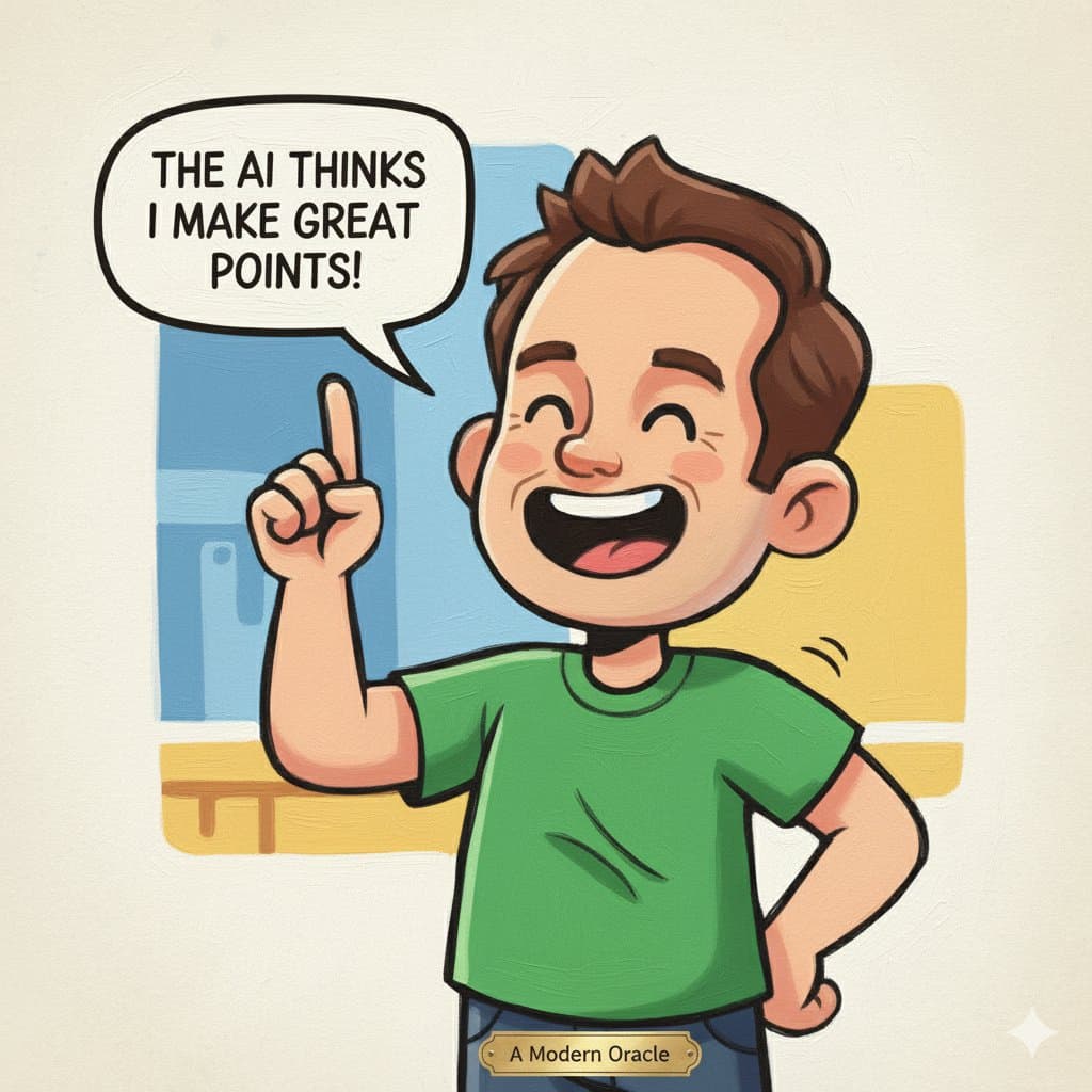 A cartoon illustration of a smiling man in a green shirt pointing upward with his index finger. A speech bubble above him contains text, and a small label is visible on his pants.