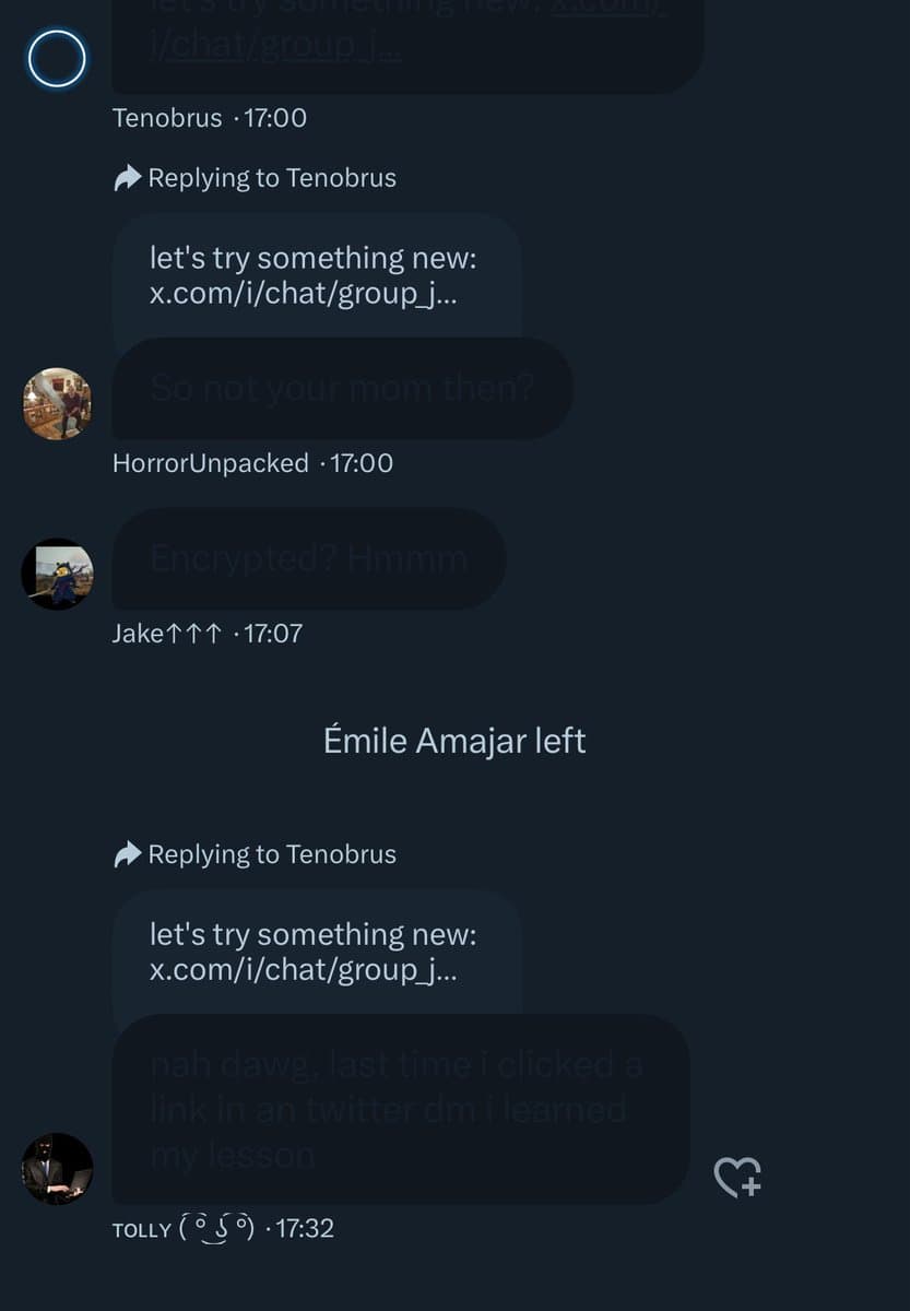 A screenshot of a dark-mode group chat interface on X (Twitter), showing a conversation between multiple users. The messages discuss trying a new group chat link, with one user noting they learned a lesson from a previous link in a DM.