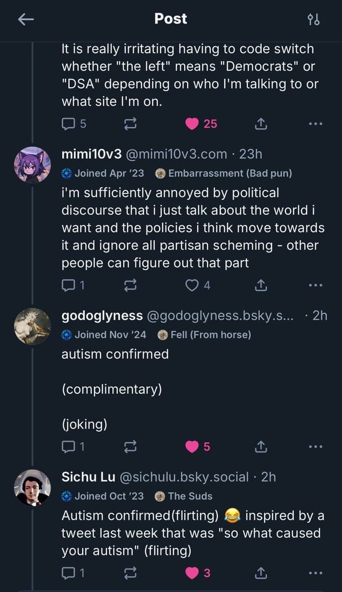 A screenshot of a social media thread on a dark-themed interface, showing a conversation about political discourse and autism. The thread includes replies from users 'mimi10v3', 'godoglyness', and 'Sichu Lu', with the latter two making jokes about being 'autism confirmed'.