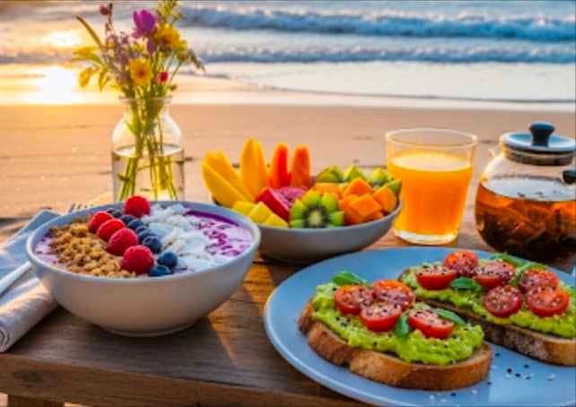 A table set on a beach at sunset features a plant-based breakfast, including a smoothie bowl with berries and granola, a bowl of mixed fruit, avocado toast with tomatoes, a glass of orange juice, and a teapot.