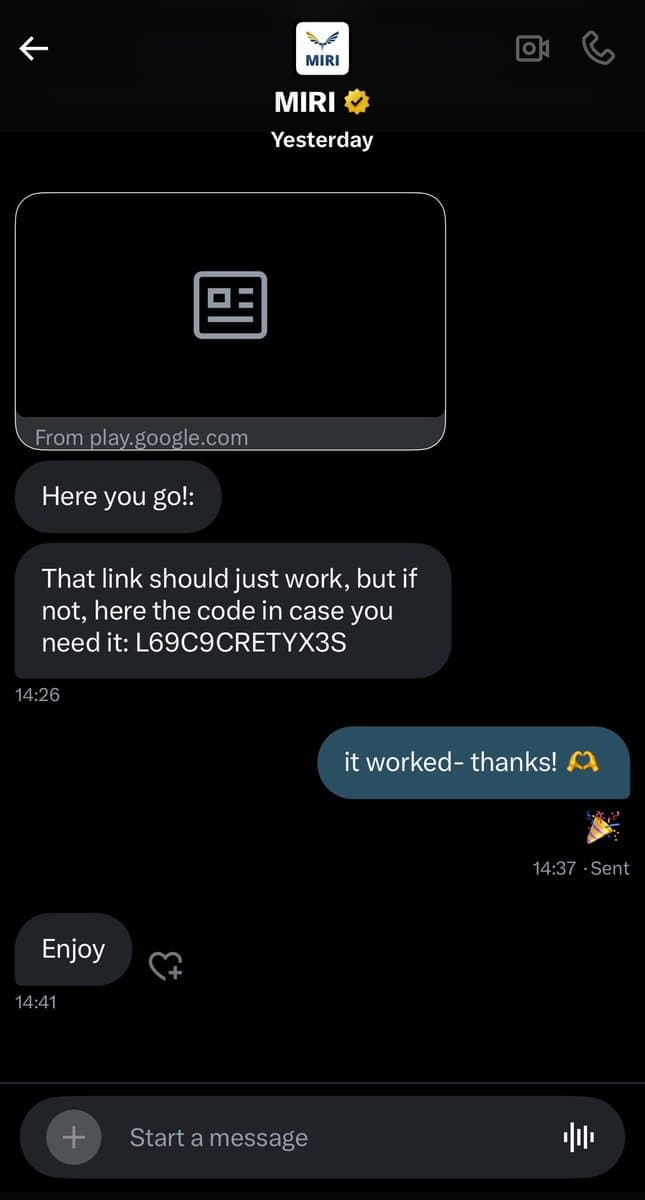 A screenshot of a mobile messaging conversation between a user and a verified account named MIRI. The exchange shows MIRI sharing a link and a redemption code for an audiobook, with the user confirming it worked.