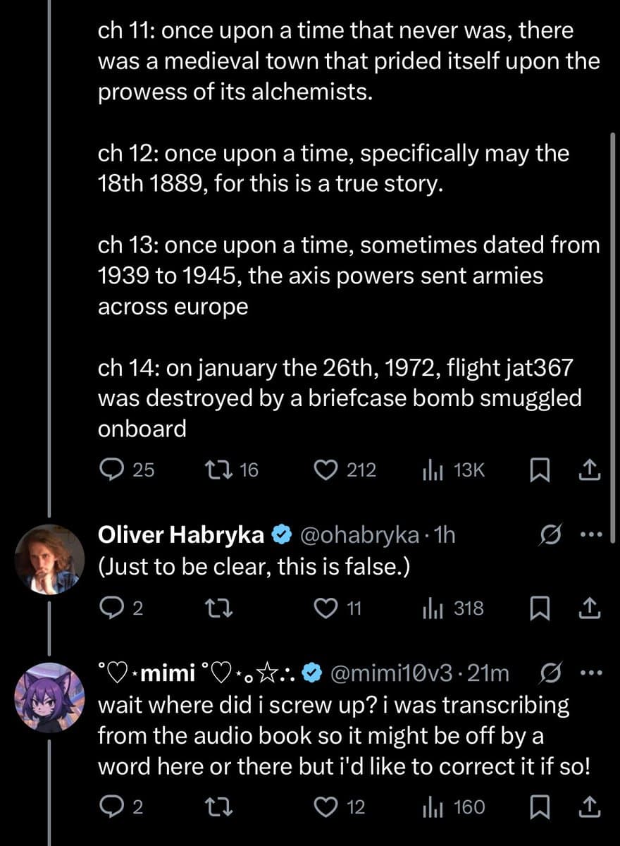 A screenshot of a Twitter thread showing a user's post about the opening lines of different chapters, followed by a correction from Oliver Habryka and a reply from the original poster.