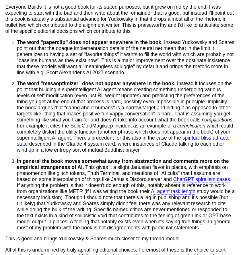 A screenshot of a text-based review discussing the book 'Everyone Builds It' by Yudkowsky and Soares. The text critiques the book's editorial choices and rhetorical style, noting its departure from previous works and its focus on empirical strangeness over abstraction.