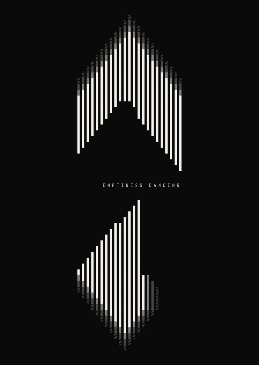 A black-and-white digital artwork featuring two abstract, symmetrical shapes made of vertical white lines on a black background. The top shape resembles an arch or a crown, while the bottom shape is a diamond-like form. The text 'EMPTINESS DANCING' is centered between the two shapes.