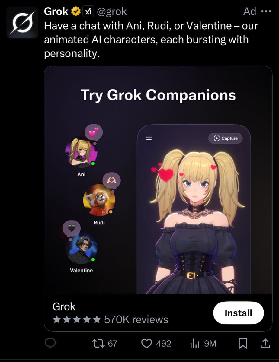 A screenshot of a Twitter post featuring an advertisement for the 'Grok' app, which promotes animated AI chat characters. The ad displays a mobile app interface titled 'Try Grok Companions' with three character avatars (Ani, Rudi, and Valentine) and a large image of the anime-style character Ani.