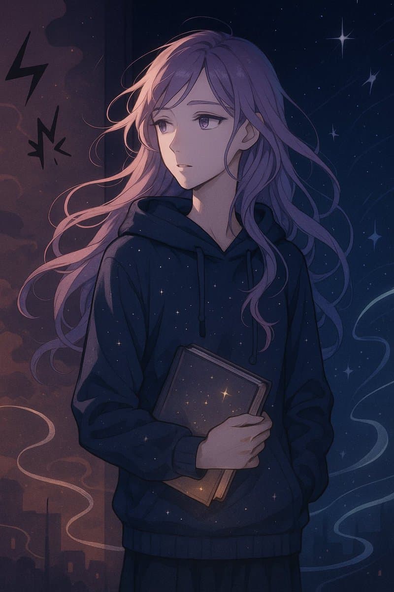 A digital anime-style illustration of a person with long, wavy purple hair wearing a dark blue hoodie and holding a book against their chest. The background is split between a dark, stormy sky with lightning bolts on the left and a starry night sky on the right.