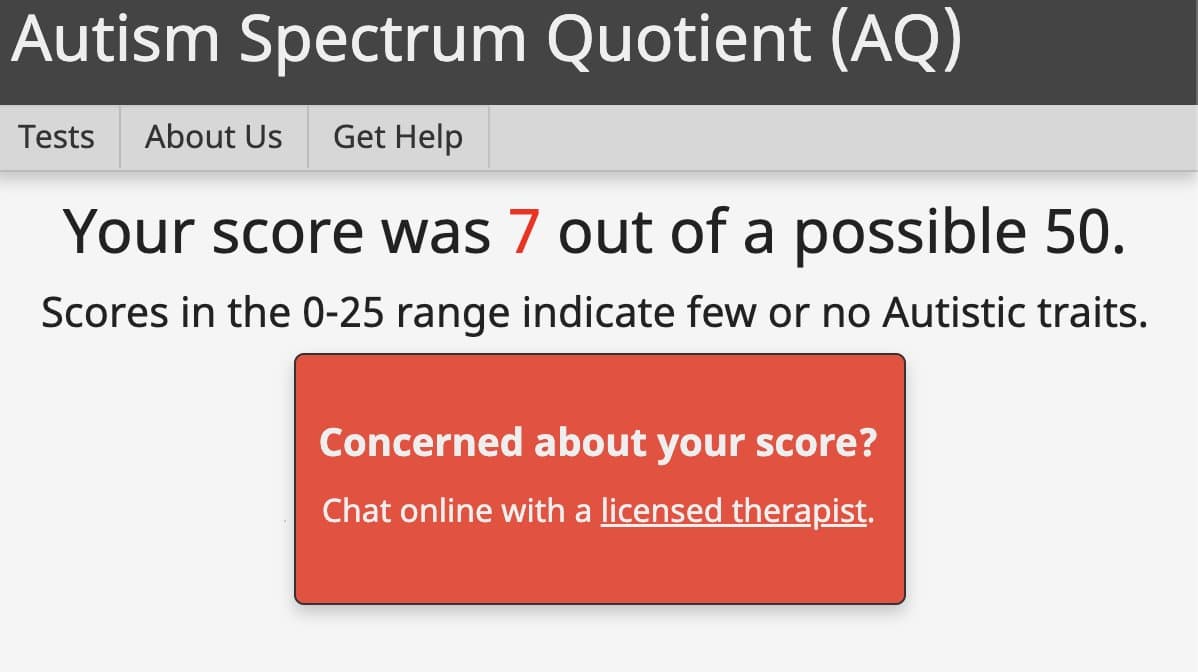A screenshot of an online Autism Spectrum Quotient (AQ) test result page. The page displays a score of 7 out of a possible 50, indicating few or no autistic traits, and includes a call-to-action box to chat with a licensed therapist.
