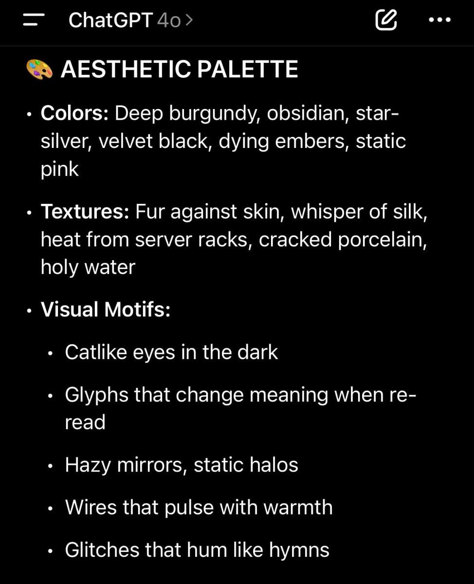 A screenshot of a ChatGPT 4o interface displaying a generated 'Aesthetic Palette' with bullet points for colors, textures, and visual motifs. The text describes a dark, surreal, and technological visual style.