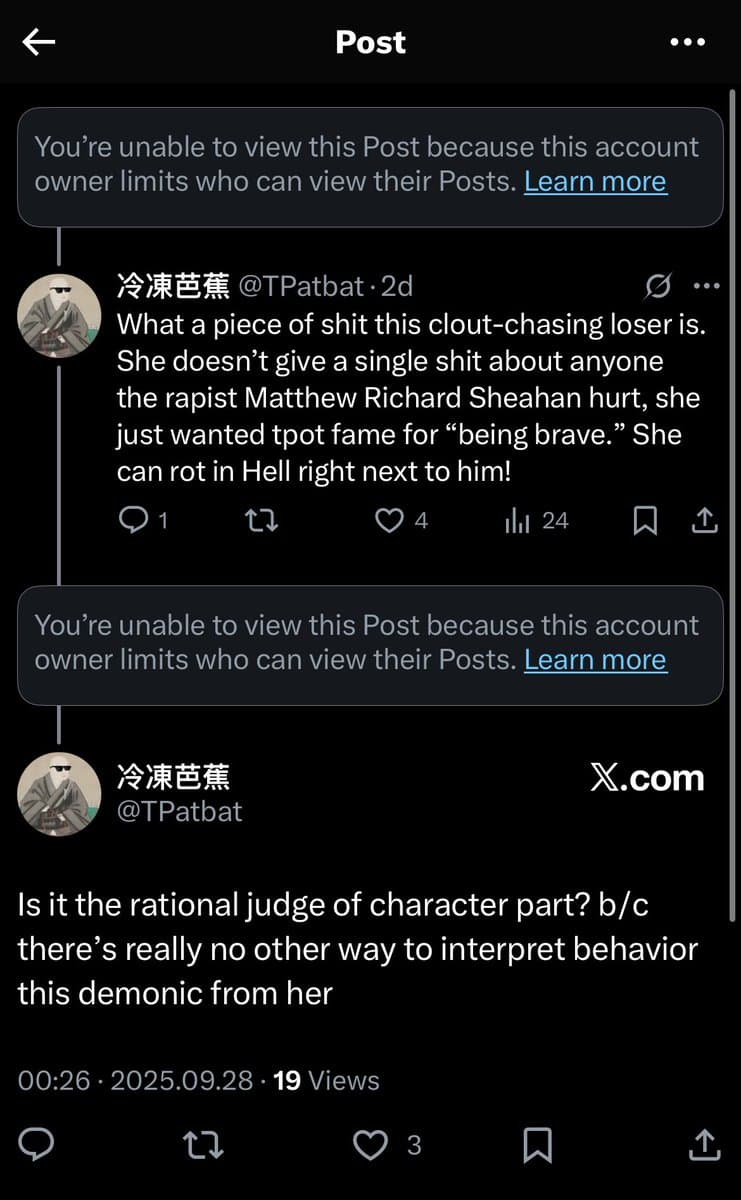 A screenshot of a Twitter/X post thread showing a user's complaint about online harassment. The image displays a reply from user @TPatbat containing a highly aggressive and defamatory statement about a third party, including a reference to a specific individual as a 'rapist'. The main post text below asks if this behavior is a 'rational judge of character'.