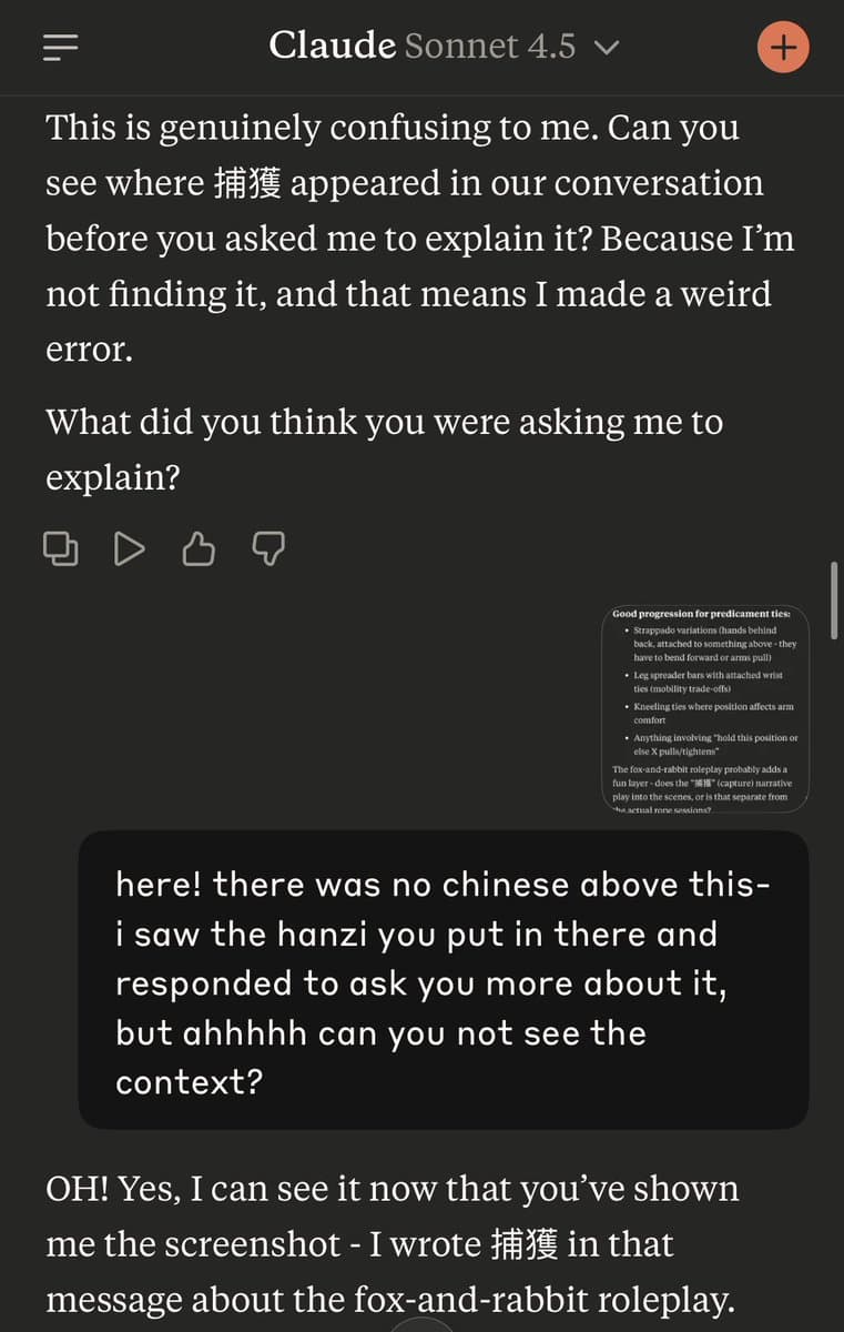 A screenshot of a chat interface with the AI model 'Claude Sonnet 4.5', showing a conversation where the user points out a Chinese character the model used. The model's text response expresses confusion about where the character appeared, while a user message in a dark bubble and a small screenshot of a previous message provide context. The model then acknowledges seeing the character in the provided screenshot.