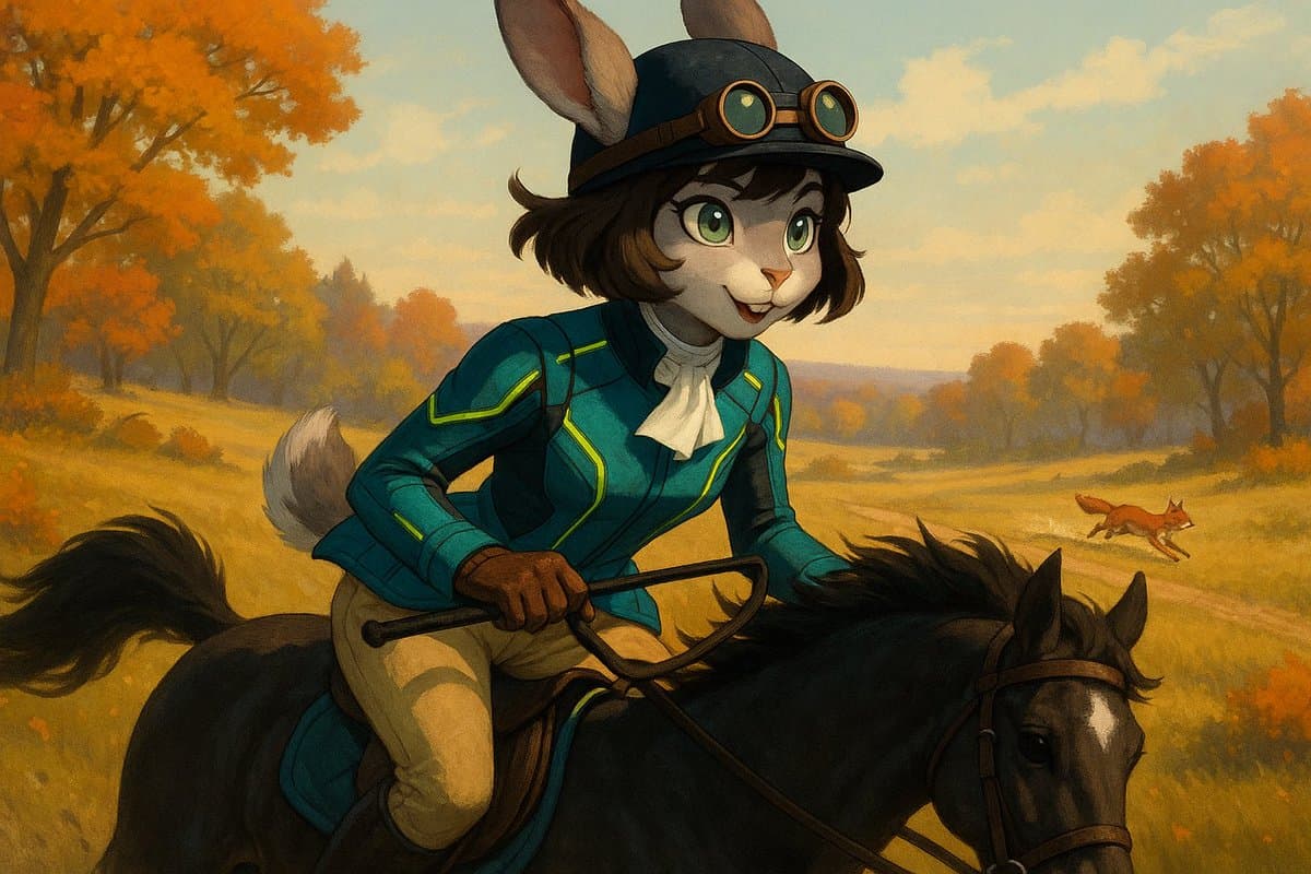 A digital illustration of an anthropomorphic rabbit wearing a riding helmet and goggles, riding a dark horse through an autumn landscape with a fox in the background.