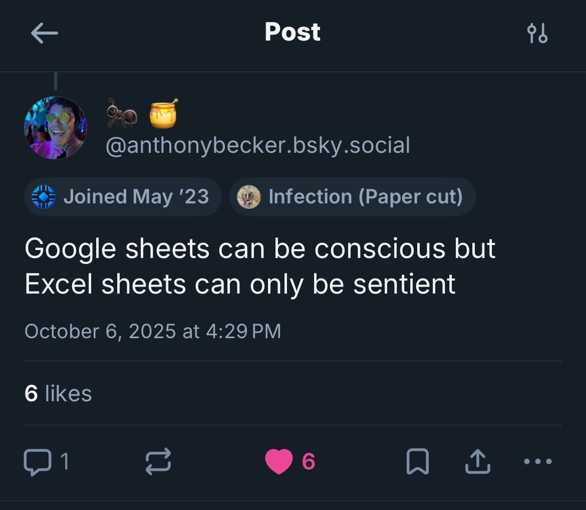 A screenshot of a social media post from the platform Bluesky, showing a user's profile and a single text post. The post is a humorous statement about spreadsheet software.