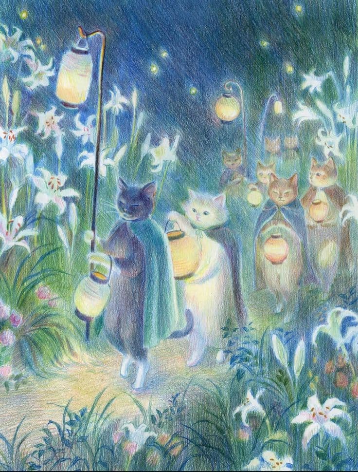 A whimsical colored pencil illustration depicts a procession of cats walking through a field of white lilies at night. The cats are dressed in cloaks and carry glowing lanterns on long poles, creating a magical atmosphere.