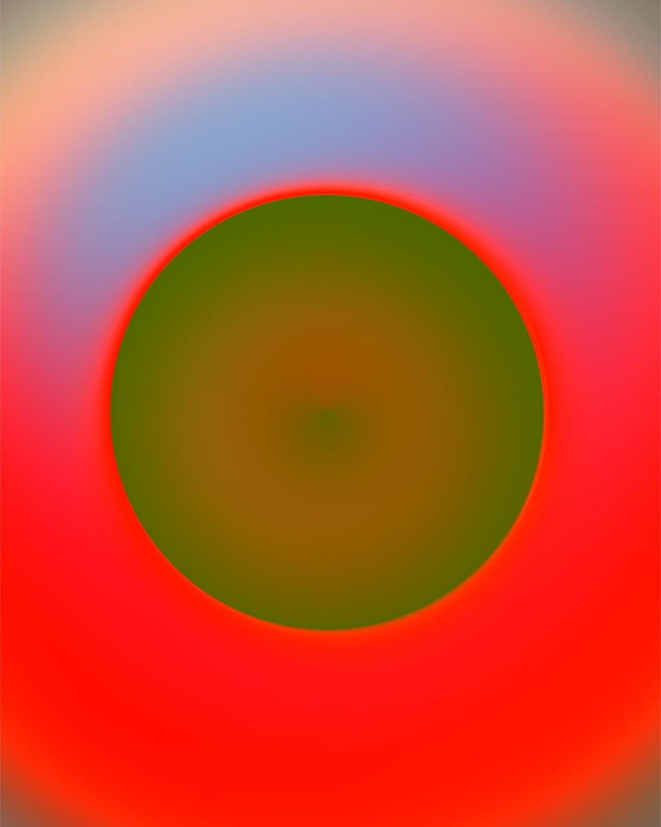 An abstract digital image featuring a large, dark green circle with a soft red glow at its center, set against a blurred background of red, orange, and blue hues.