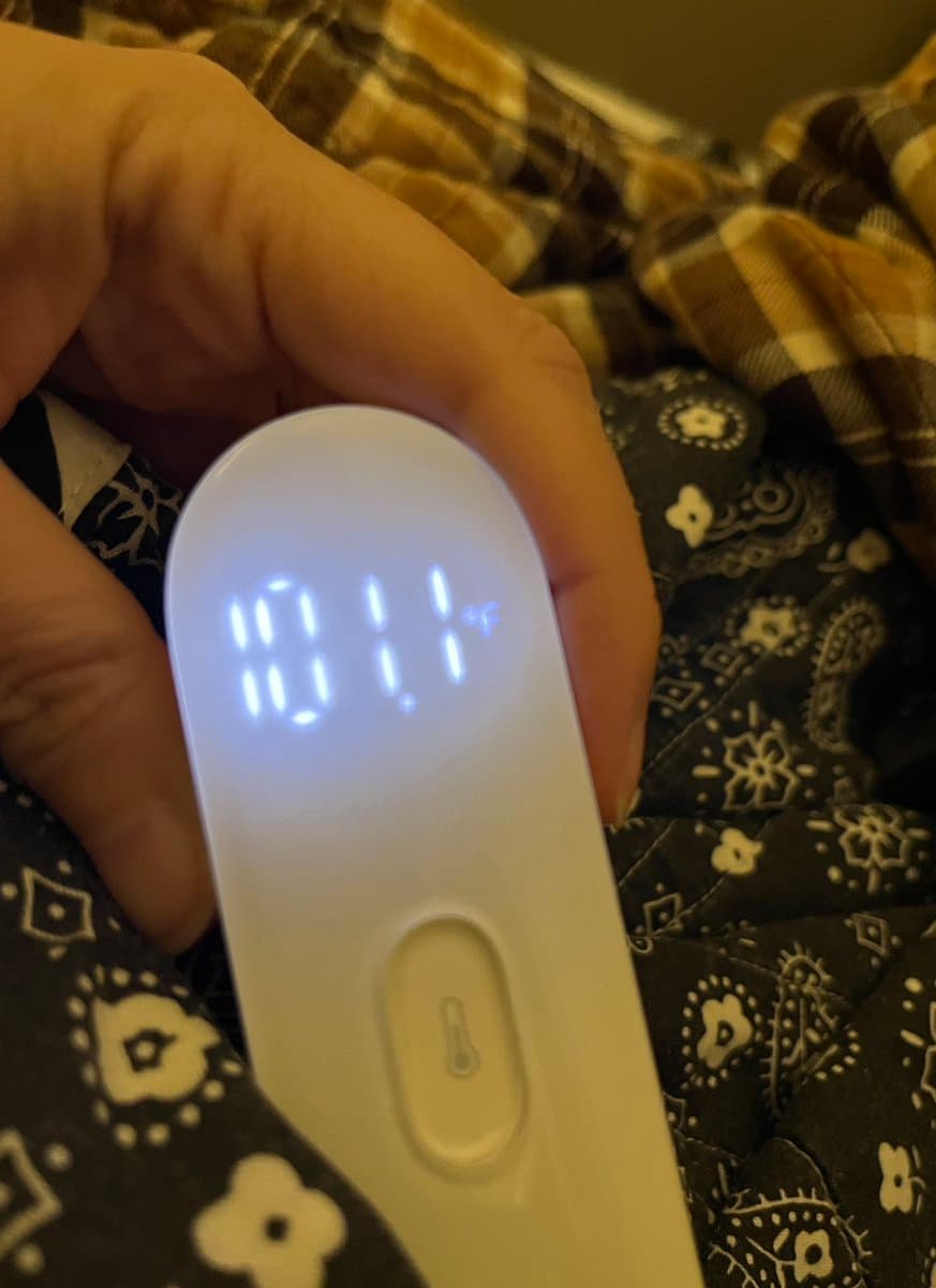 A close-up photograph of a hand holding a white digital thermometer that displays a temperature reading of 101.1°F, set against a background of patterned bedding.