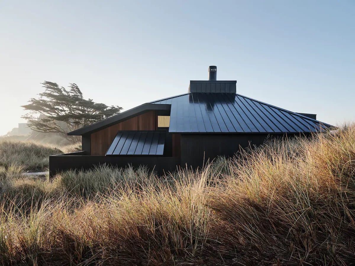 A modern, low-slung house with a dark metal roof and wood siding sits nestled in tall, golden beach grass under a clear sky. A wind-swept tree stands to the left of the structure, which features a prominent chimney and a slanted glass window.