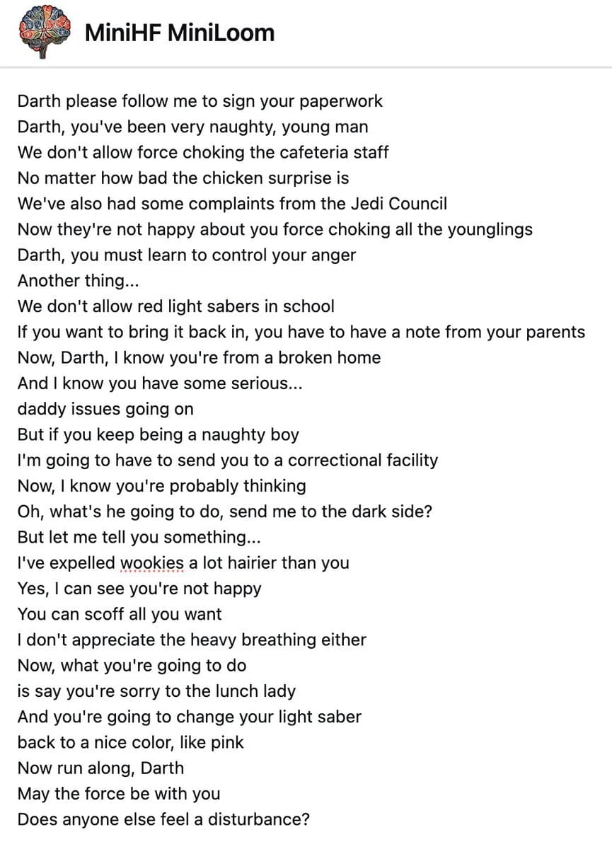 A screenshot of a text-based AI chat interface titled 'MiniHF MiniLoom' displaying a humorous, Star Wars-themed poem written in the voice of a school principal scolding a student named 'Darth'.