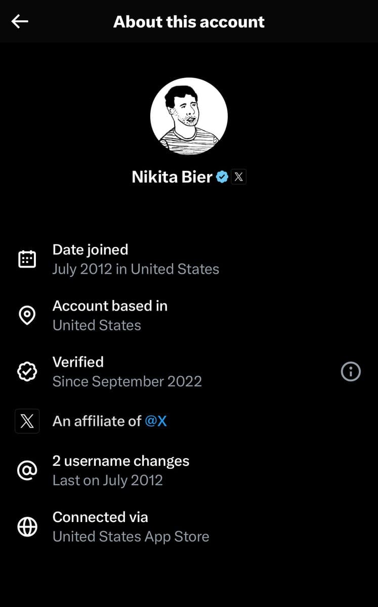 A screenshot of the 'About this account' page on X (formerly Twitter) for the user Nikita Bier. The page displays account details including join date, location, verification status, and connection method.