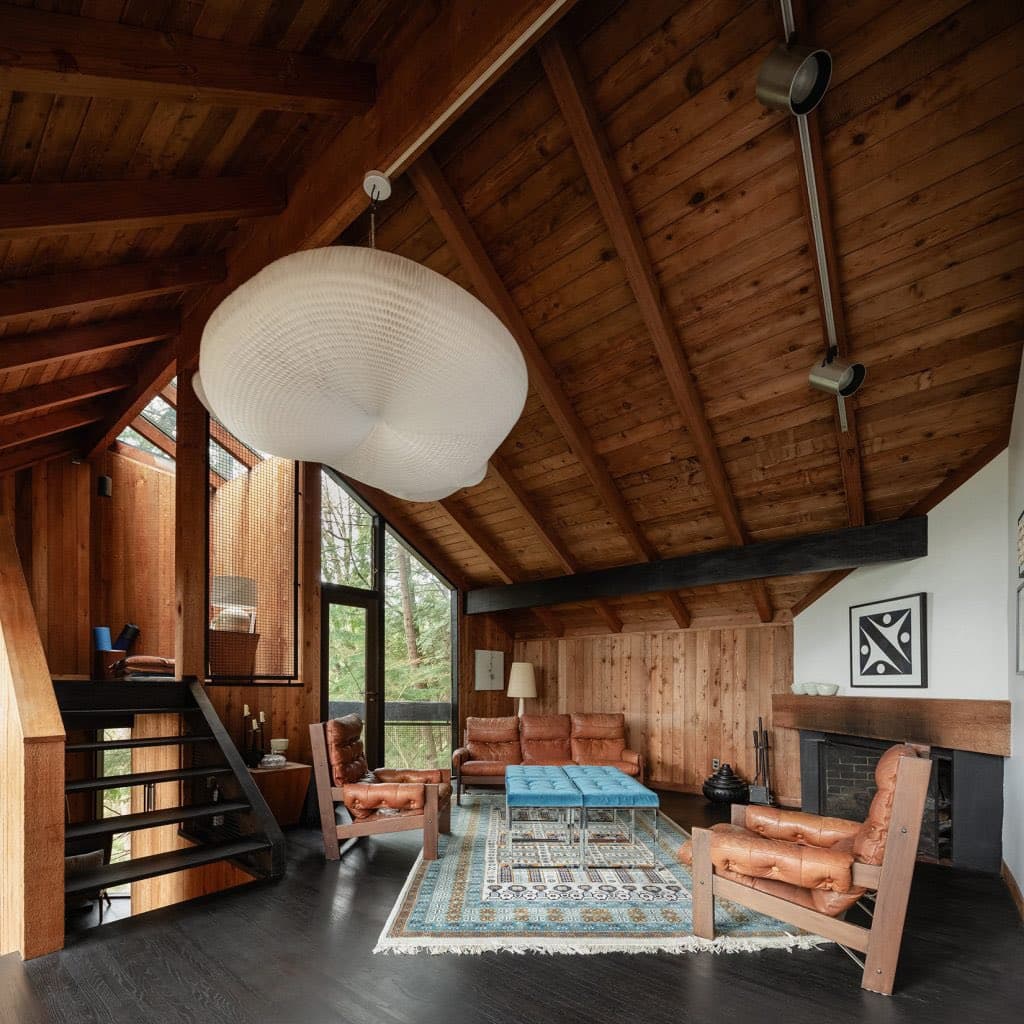 A cozy, wood-paneled tree house interior featuring a vaulted ceiling, a large white paper lantern, and leather furniture arranged around a blue ottoman on a patterned rug.