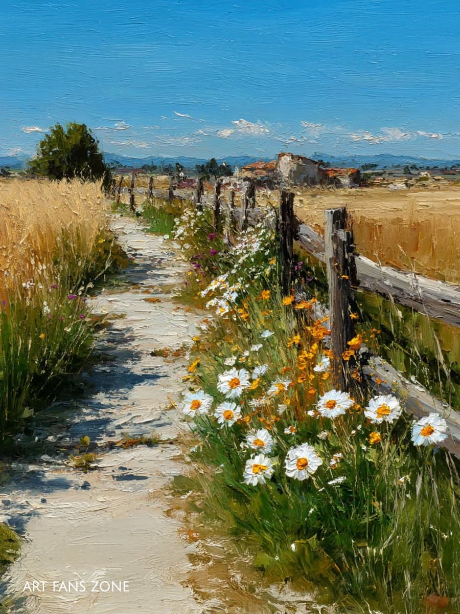 A digital painting in an impressionistic style depicting a sunlit dirt path bordered by a rustic wooden fence, wildflowers, and a golden field under a blue sky. The scene features prominent white daisies and orange flowers in the foreground, with a distant village and hills on the horizon. A watermark reading "ART FANS ZONE" is visible in the bottom left corner.