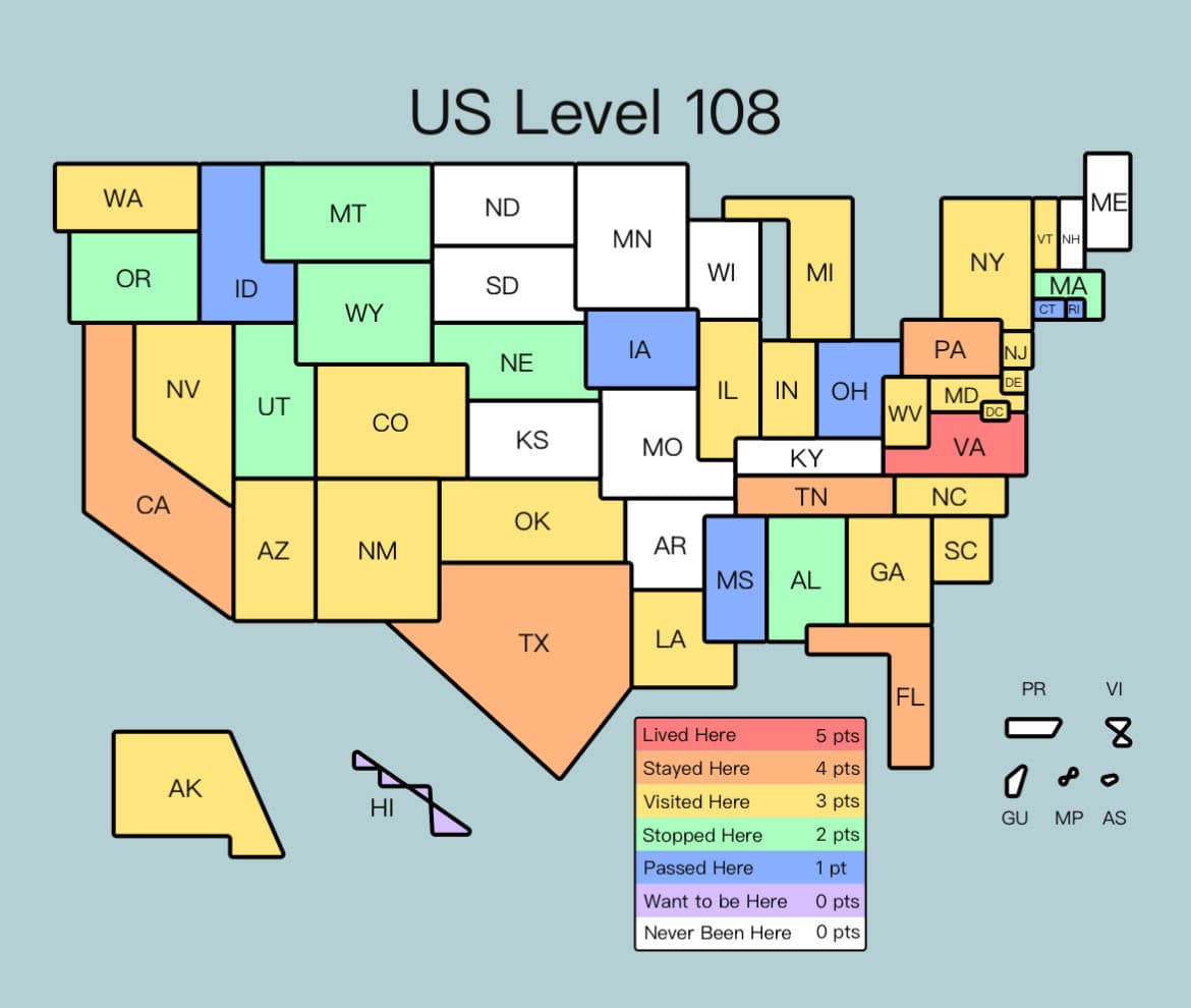 A color-coded map of the United States titled "US Level 108," showing each state's status based on a personal travel or residence scale. A legend in the lower right explains the color coding, ranging from "Lived Here" (5 pts) to "Never Been Here" (0 pts).