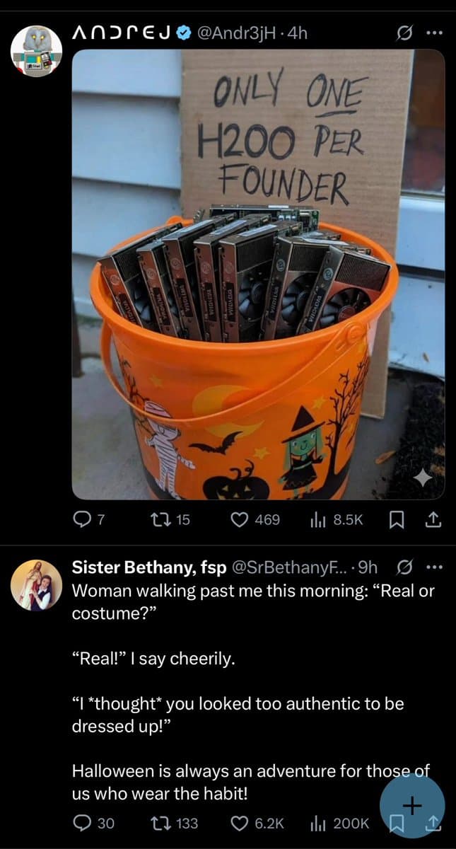 A screenshot of a Twitter feed showing two posts. The top post by user Andrej features a photo of an orange Halloween bucket filled with multiple graphics cards, with a cardboard sign behind it. The bottom post by Sister Bethany, fsp is a text-only post about wearing a habit.