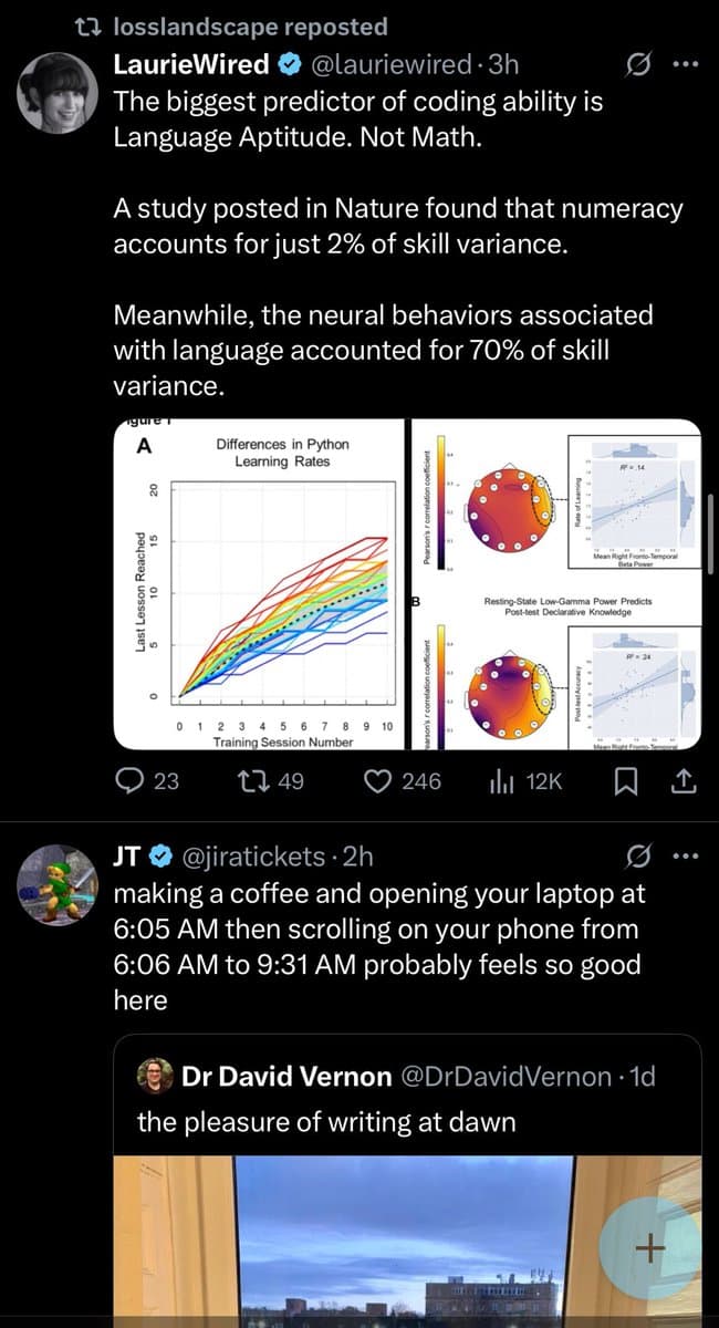 A screenshot of a Twitter feed showing a reposted tweet by LaurieWired about coding ability and language aptitude, accompanied by a scientific chart, and a reply from user JT about morning routines.