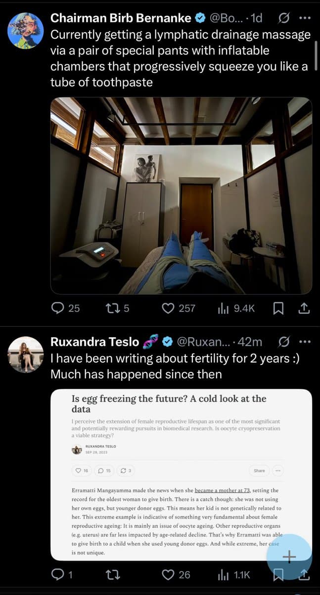 A screenshot of a Twitter conversation showing two posts. The first post by Chairman Birb Bernanke includes a photo of a person's legs in blue inflatable compression pants in a room. The second post by Ruxandra Teslo includes a screenshot of an article titled 'Is egg freezing the future? A cold look at the data'.